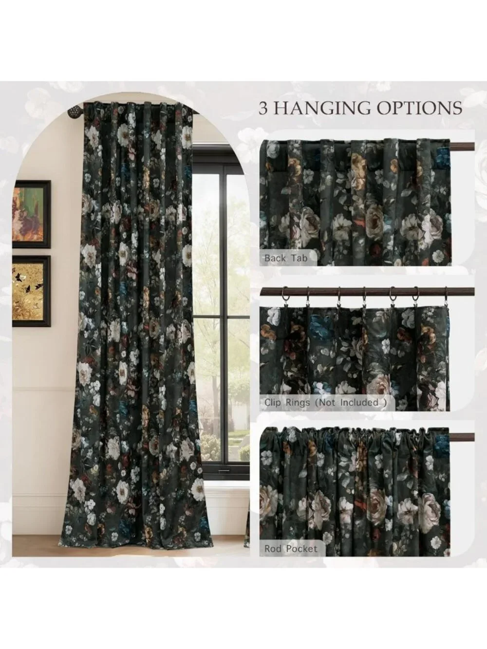 Vintage Floral Green Velvet Curtains, 90